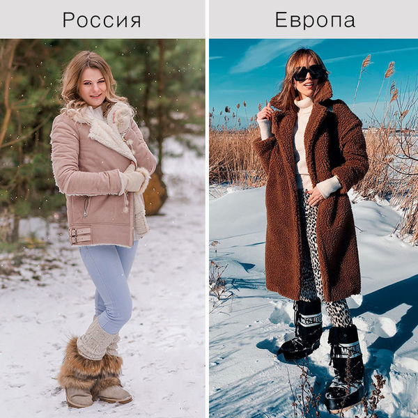 Молодая русская девушка в меховой шапке смеется, держит серые зимние сапоги