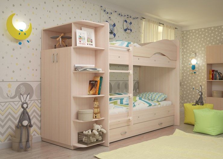 Двухъярусная детская кровать Мая на щитах со шкафом и ящиками, цвет Млечный