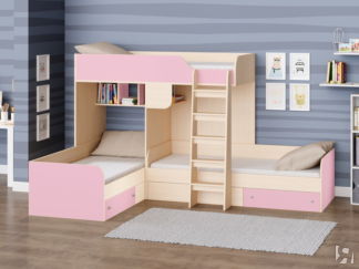 Трехместная двухъярусная кровать Трио 
Дуб молочный/Розовый