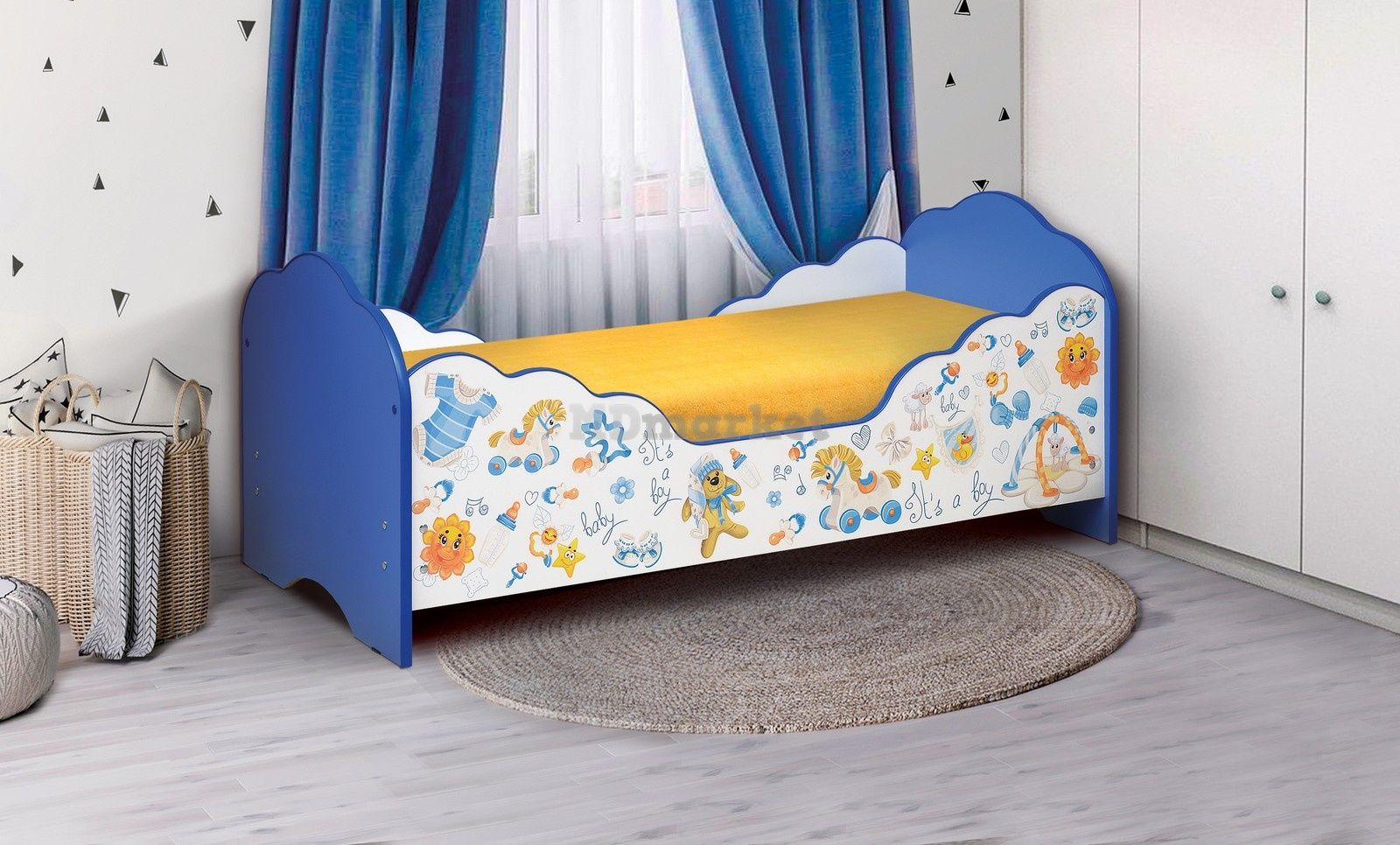 Кровать детская с бортиком Оскар 70х140 (Белый/Синий)