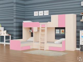 Трехместная двухъярусная кровать Трио 
2 Дуб молочный/Розовый