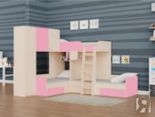 Трехместная двухъярусная кровать Трио 
1 Дуб молочный/Розовый