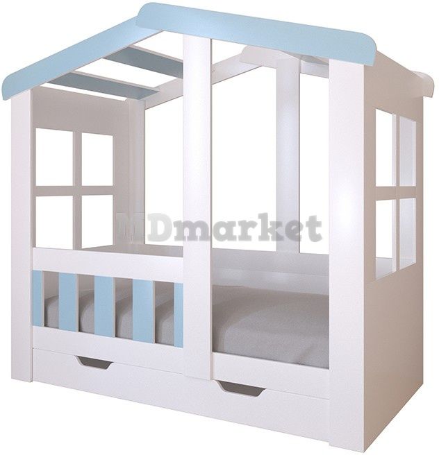 Детская кровать Астра домик с ящиком Белая/Голубой