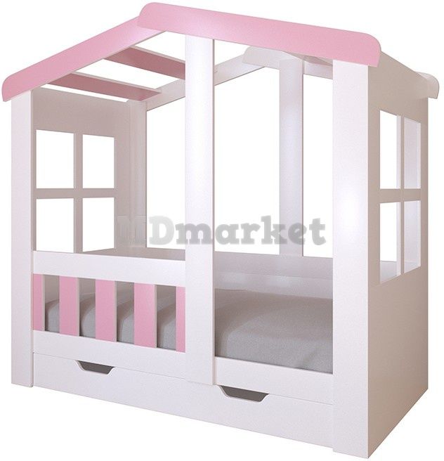 Детская кровать Астра домик с ящиком Белая/Розовый