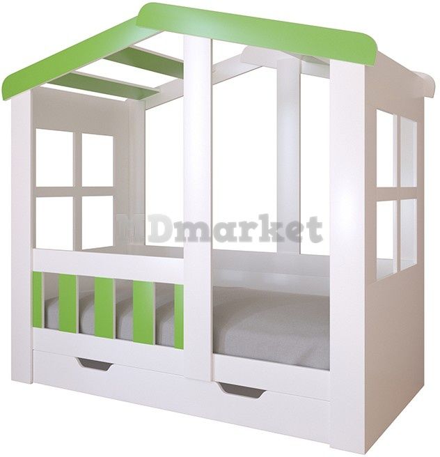 Детская кровать Астра домик с ящиком Белая/Салатовый